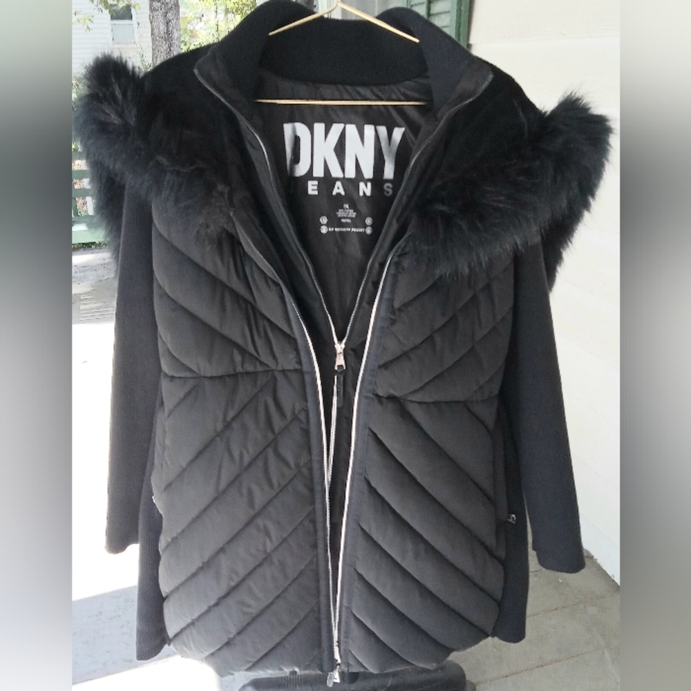 DKNY Black Puffer Jacket with Fur Trim